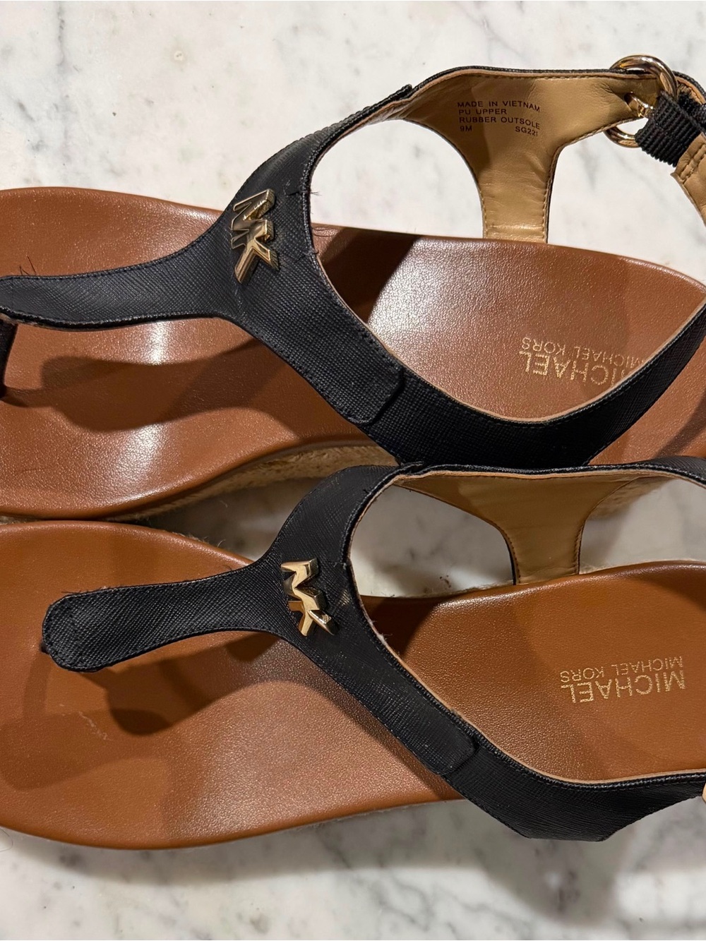 Michael Kors Black and Brown Leather Thong Sandals with Gold MK Accent